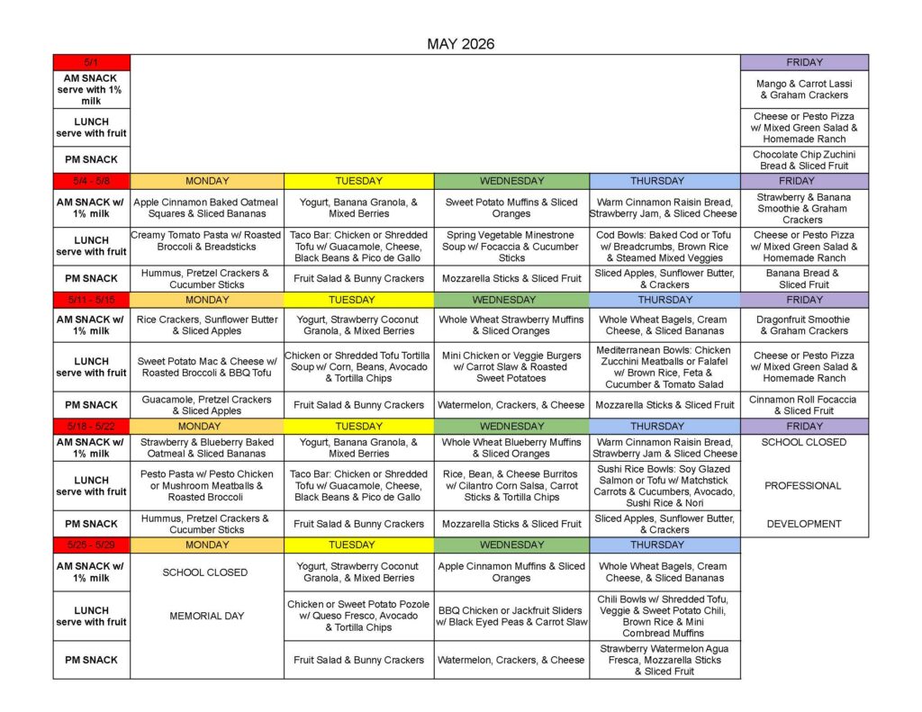 Phoebe Hearst Preschool May 2026 Food Menu