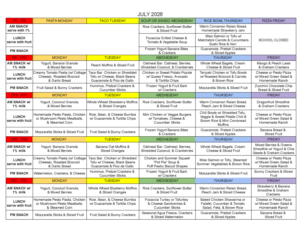 Monthly Menu - July 2026