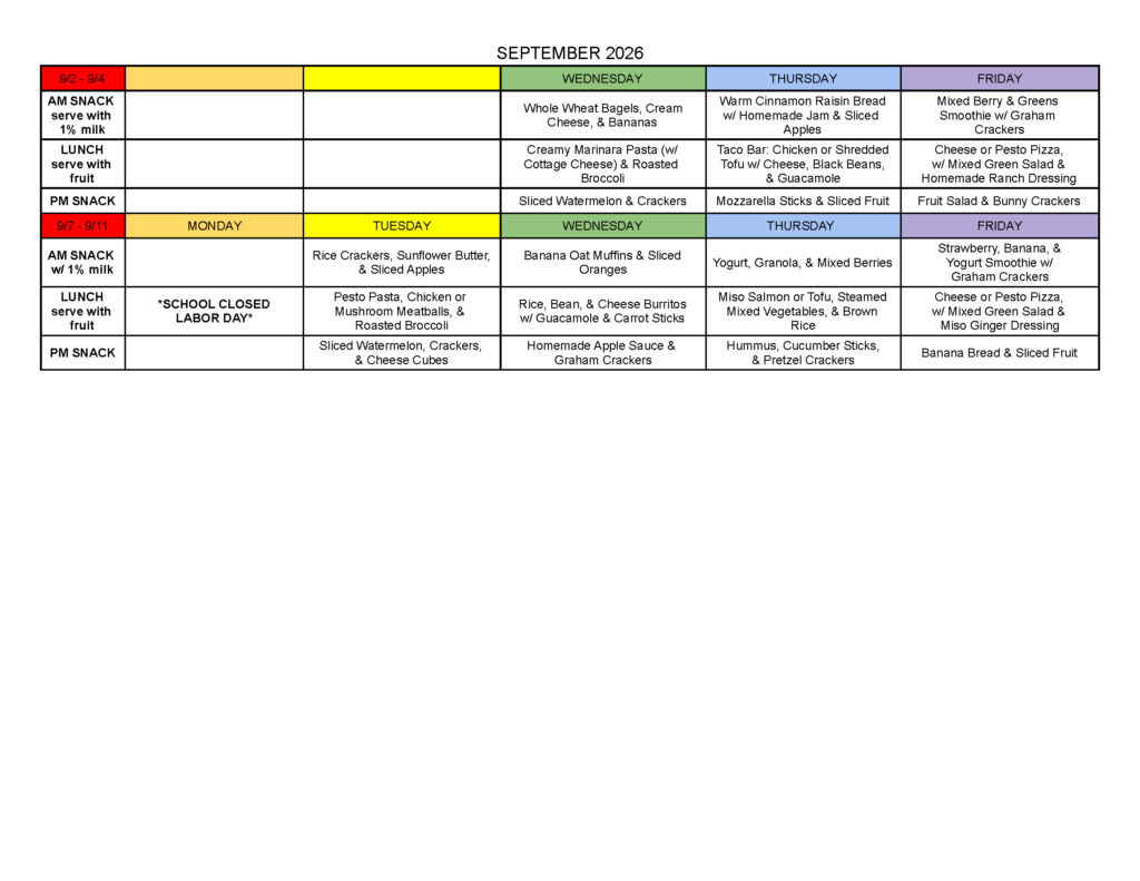 Phoebe Hearst Preschool - Monthly Menu: September 2026